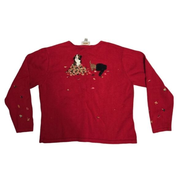 VINTAGE 90s red Talbots dog felted‎ fall leaves button up holiday cardigan S/M - Picture 3 of 12